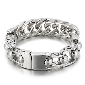 Silbernes Punk-Titanstahl-Armband mit grober Gliederkette und gravierter runder Metallperle