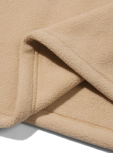Macro view showing the thick fleece texture and premium stitching of the khaki sweatshirt
