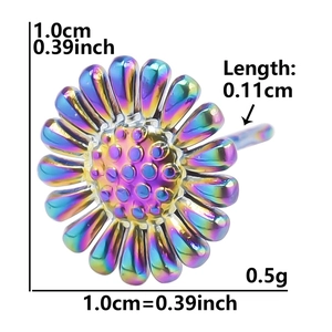Vista dettagliata dell'orecchino a girasole arcobaleno con dimensioni e peso indicati
