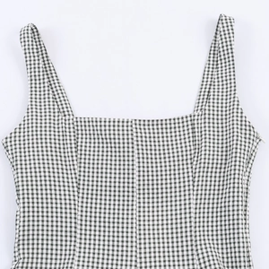 French style waist-tie plaid sleeveless long dress with a square neck and zipper detail