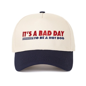 Detail of embroidered 'It's a Bad Day to Be a Hotdog' slogan on a contrast baseball cap