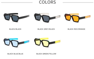 Flat lay of square sunglasses in multiple candy colors including blue, orange, and yellow