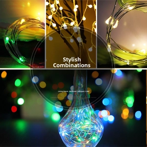 Macro shot of flexible copper wire LED string lights in a glass bottle for decoration