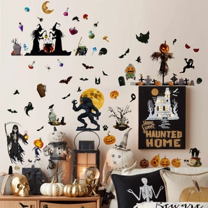 Halloween wall decals with witch, ghost, and pumpkin decorations for living room ambiance