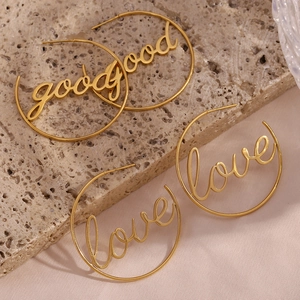 18K gold plated stainless steel hoop earrings with cursive Good and Love letter pendants