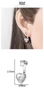 Detail view of heart-shaped earrings with 4mm stone, height 2.15cm and width 0.99cm