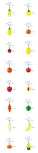 Detailed size chart of foam fruit and vegetable keychains including ring dimensions