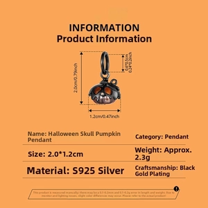 Specifications of S925 sterling silver Halloween pumpkin skull charm with dimensions and weight