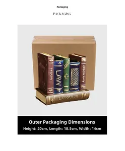 Macro detail of vintage book-shaped resin organizer with packaging size dimensions