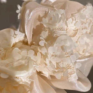 Vue macro de la pince à cheveux à nœud champagne multicouche avec dentelle et satin