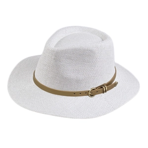 Detail of white woven straw hat featuring a brown leather band and gold buckle accent
