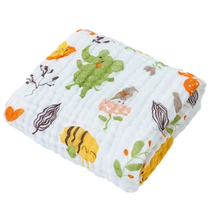 Soft six-layer cotton gauze baby blanket with colorful cartoon elephant print