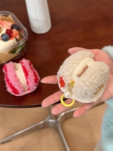 Cute macaron plush protective case for AirPods with pearl charm and golden ring hook