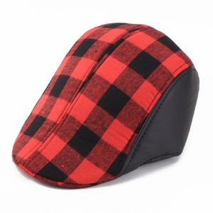 Red and black buffalo plaid flat cap for men with leather trim details and classic ivy style