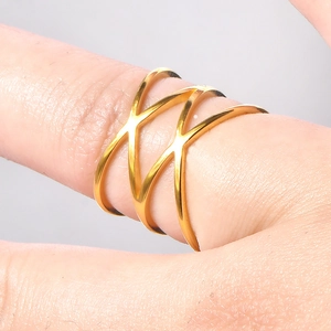 Polished gold stainless steel double cross hollow ring for women on a model's finger