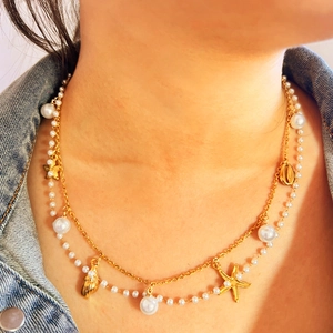 Chic 18K gold plated pearl star necklace with starfish and conch shell charms