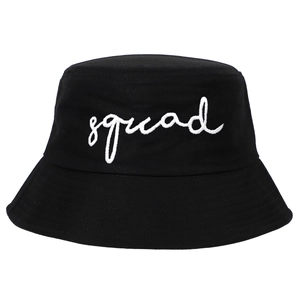 Classic black canvas bucket hat featuring white squad script embroidery on front