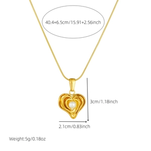 Gold heart pendant necklace with pearl inlay and snake chain including size specifications