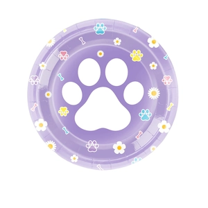Purple dog paw print paper plate with colorful bones and daisy flowers for parties