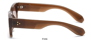Side view of amber rectangular sunglasses featuring decorative silver arrow temple rivets