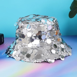 Fashionable silver sequined bucket hat for women with shiny reflective mirror finish
