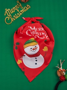 Close-up of red Christmas pet bandana with snowman print and Merry Christmas text