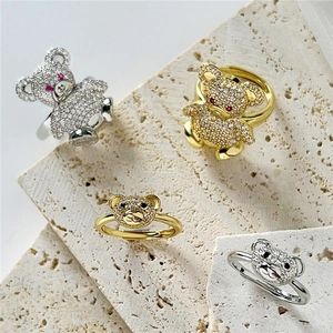Cute Copper Bear Open Ring For Women Adjustable Zirconia Animal Shaped Finger Jewelry Gold Silver Plated Inlaid Gift