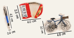 Detailed size chart for vintage bicycle, fountain pen, and accordion brooch pin set