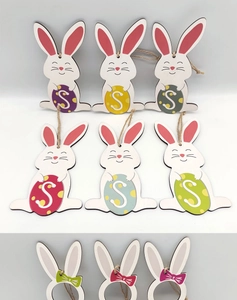 Set of 9 wooden Easter bunny pendants with S-letter eggs and colorful bow ties