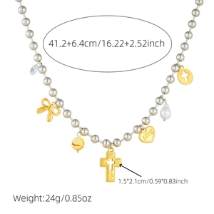 Schicke Edelstahl-Perlenkette mit Kreuz-Herz- und Schleifenanhängern in Silber und Gold