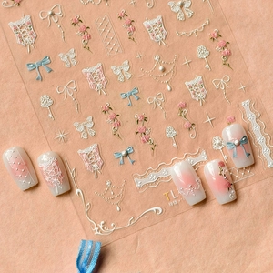 5D embossed lace wedding nail art stickers with vintage floral ribbon and bow designs