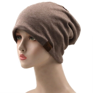 Brown slouchy knitted beanie with premium leather F&S logo patch for spring and summer