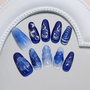 3D dream starry sky butterfly press on nails with blue gradient and ice flower patterns