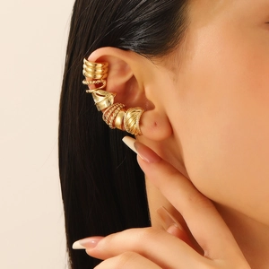 Vintage gold C-shaped ear cuff set with textured twist and leaf designs for non-pierced ears