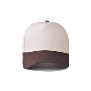 Detail of the high-quality stitching on this beige and brown cotton baseball cap