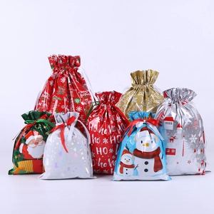 Christmas Drawstring Gift Bags Plastic Foil Candy Wrap Pouches Holiday Party Favor Packaging Festive Theme Pattern