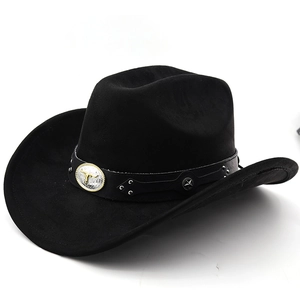 Close-up of black suede cowboy hat featuring a silver bull head metal buckle and studs