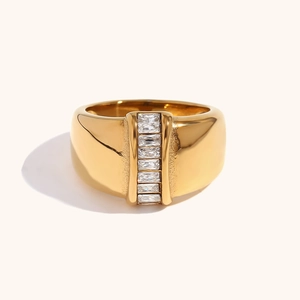 Chic 18K gold plated wide band ring with vertical baguette-cut white zircon accents