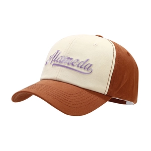 Brown and beige baseball cap with Alameda embroidery in a 45-degree side view