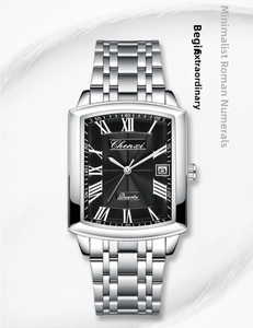 Men's quartz watch with black sunburst dial, Roman numerals, and date window