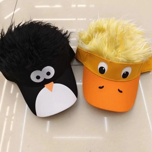 Funny cartoon penguin and duck baseball caps with colorful novelty faux hair wigs