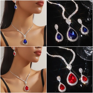 Luxury rhinestone jewelry set featuring water-drop pendant necklace and drop earrings