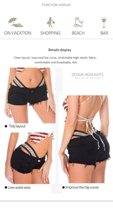 Dettaglio di hot pants in denim nero a vita bassa con elastico in vita e orli sfrangiati