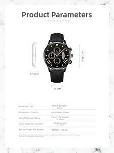 Detailed specs of the Geneva men's black leather watch with 41.5mm gold accent dial