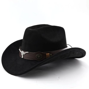 Detail of silver bull head buckle on leather band of a black wool western cowboy hat
