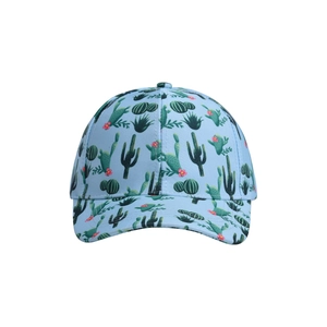 Close-up of light blue baseball cap featuring vibrant cactus and floral print patterns