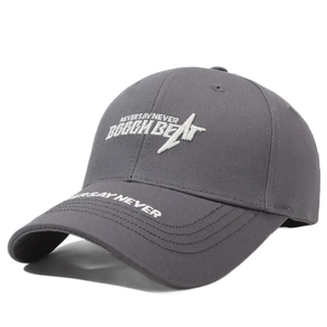 Dark gray cotton baseball cap with white letter embroidery and a curved visor