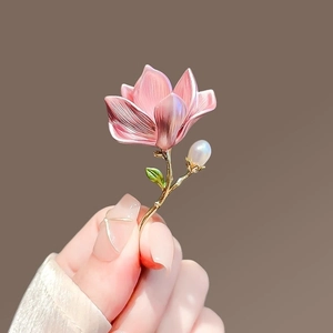 Magnolia Flower Brooch Vintage Chinese Style Alloy Enamel Pin With Faux Artificial Pearl Elegant Jewelry Gift For Women