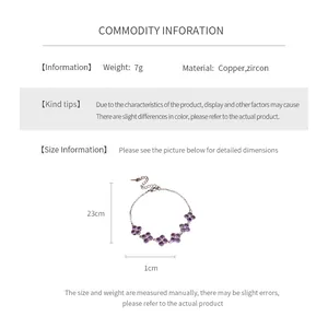 Size chart for zircon flower bracelet with 23cm length and 1cm pendant detail