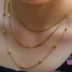 Three-layer gold stainless steel snake chain and beaded necklace set for women